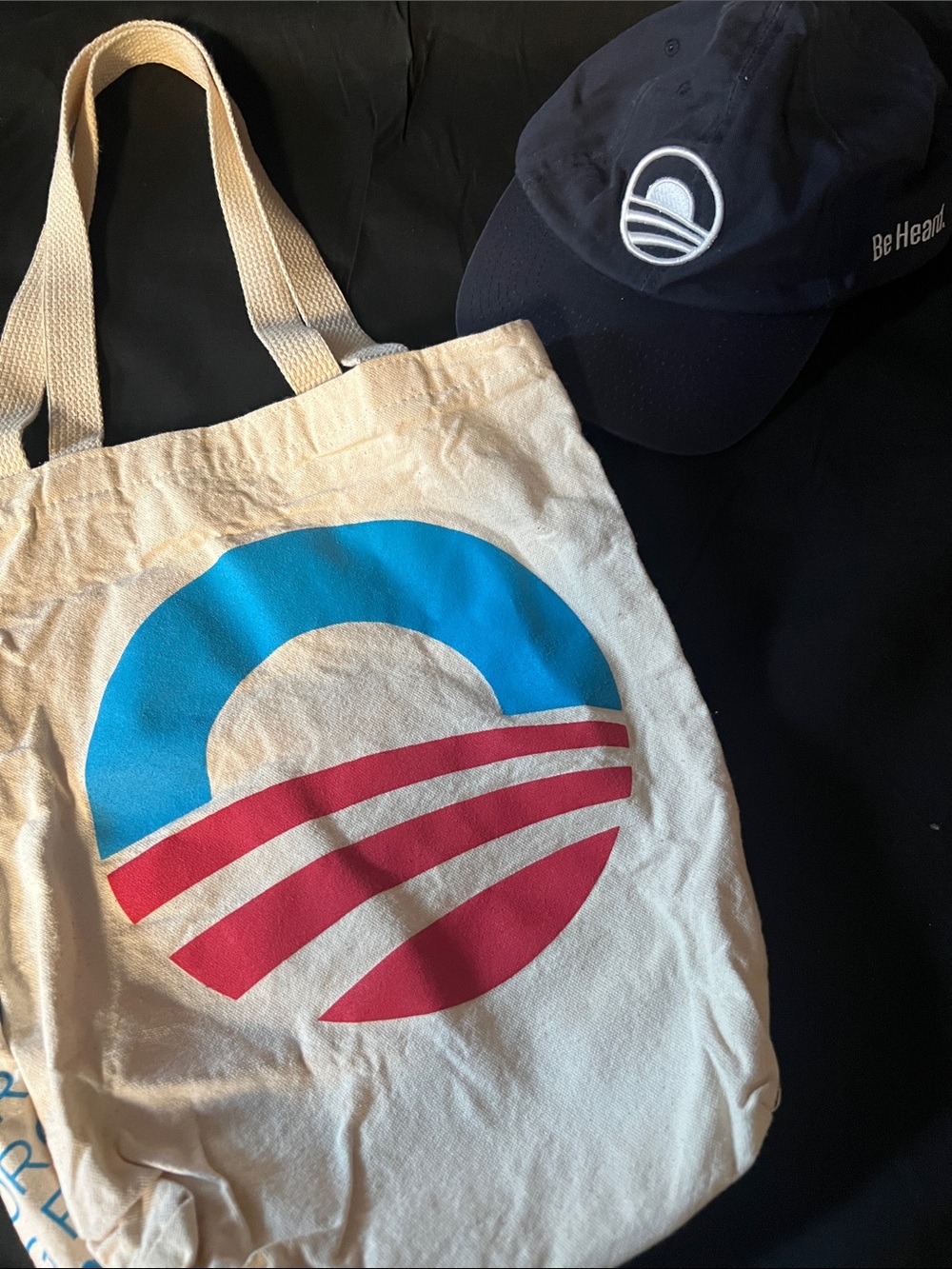 Canvas Tote with Blue & Red Graphic with matching Blue fitted cap.